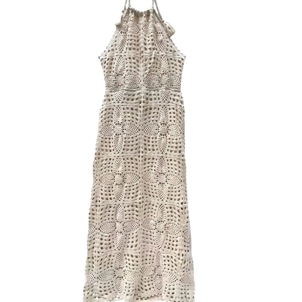 House of Harlow 1960 Ivory Crochet Knit Halter Cutout Back Maxi Dress NWOT - Picture 3 of 12